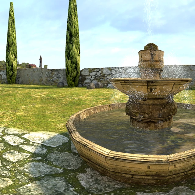 A picture of a fountain outside a Tuscan villa.