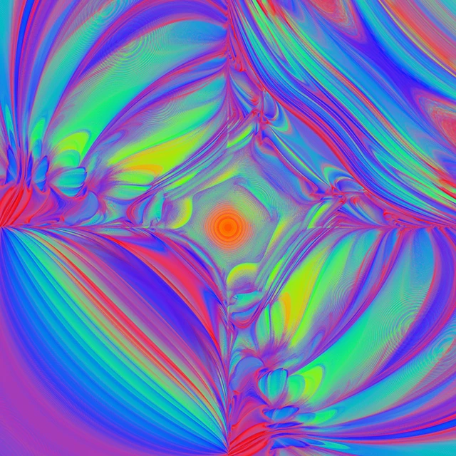 A visually noisy image of a 3D fractal rendered using many colours.