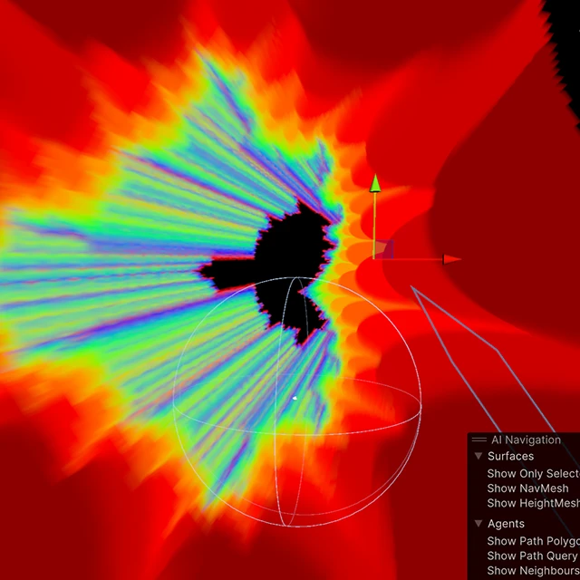 A screenshot of the Unity editor, with a 3D representation of the Mandelbrot Set in the background.