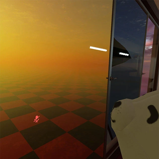 A seal plush looks out of a patio door towards a view of a sunset and black-red tiles. There are two other patio doors, each with a different view, impossibly overlapping with the other views.